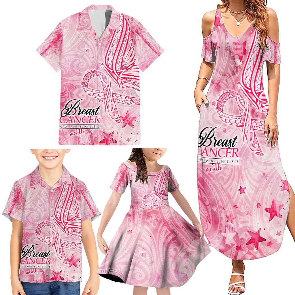 Breast Cancer Awareness Month Family Matching Summer Maxi Dress and Hawaiian Shirt Butterfly Polynesia Watercolor Pink DT02 - Polynesian Pride
