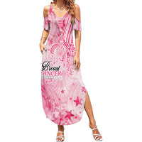 Breast Cancer Awareness Month Family Matching Summer Maxi Dress and Hawaiian Shirt Butterfly Polynesia Watercolor Pink DT02 Mom's Dress Pink - Polynesian Pride