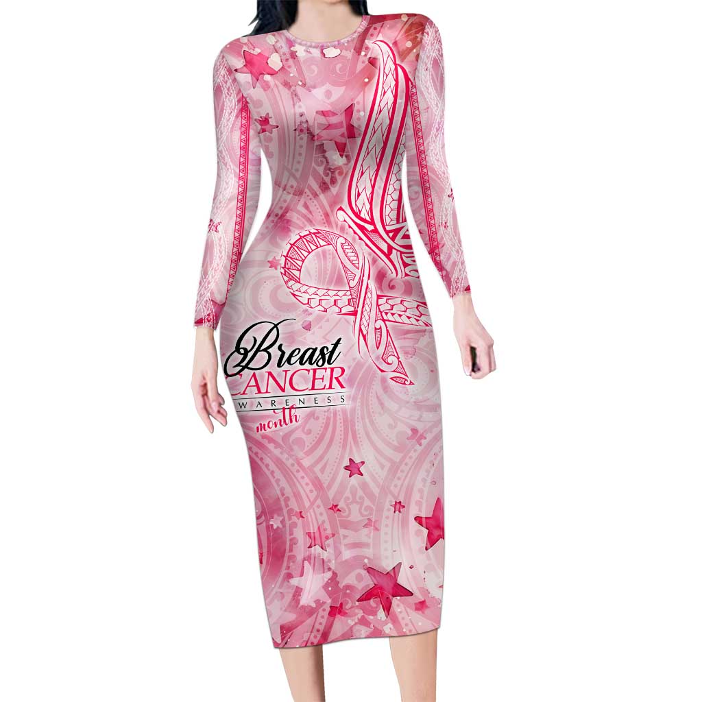 Breast Cancer Awareness Month Long Sleeve Bodycon Dress Butterfly Polynesia Watercolor Pink