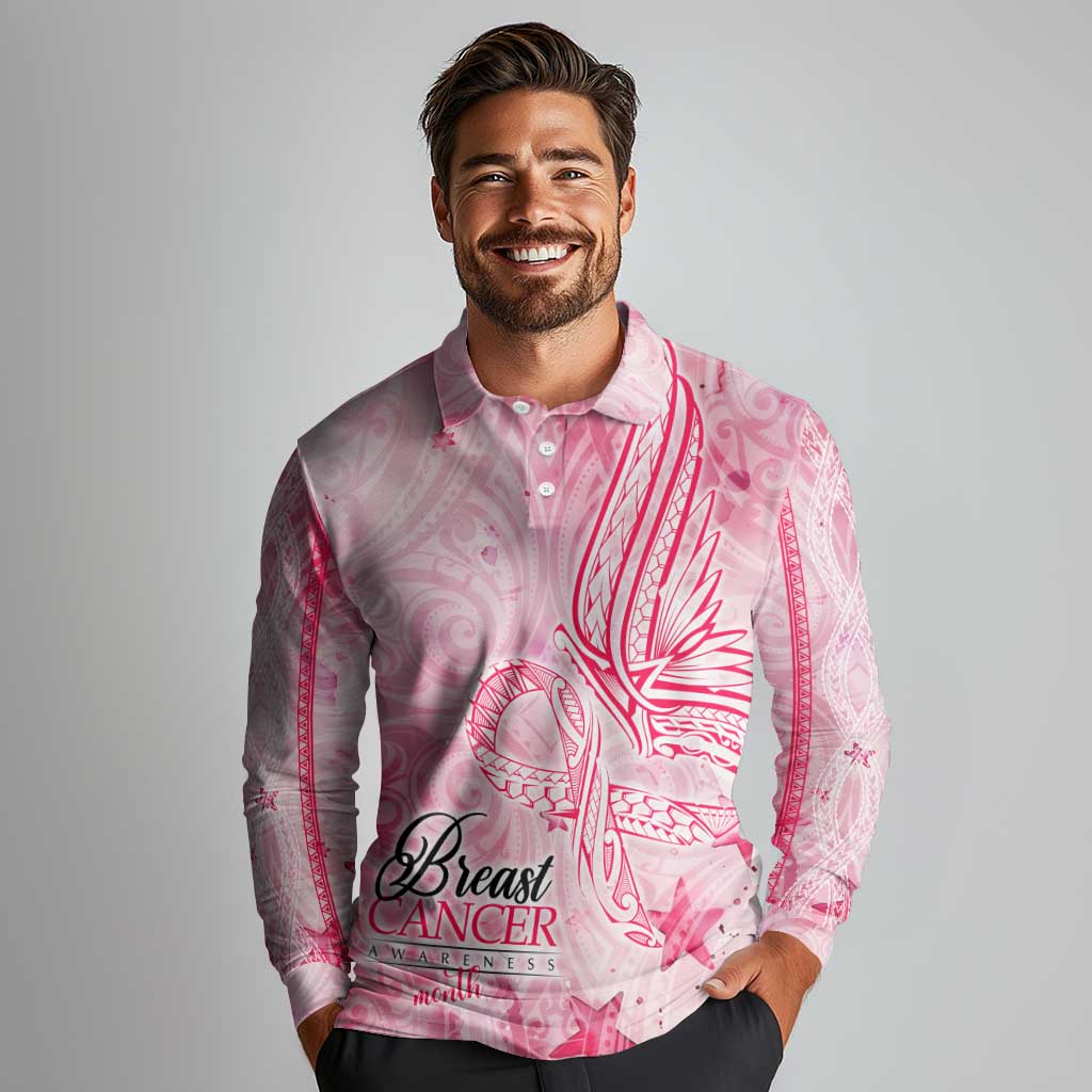 Breast Cancer Awareness Month Long Sleeve Polo Shirt Butterfly Polynesia Watercolor Pink