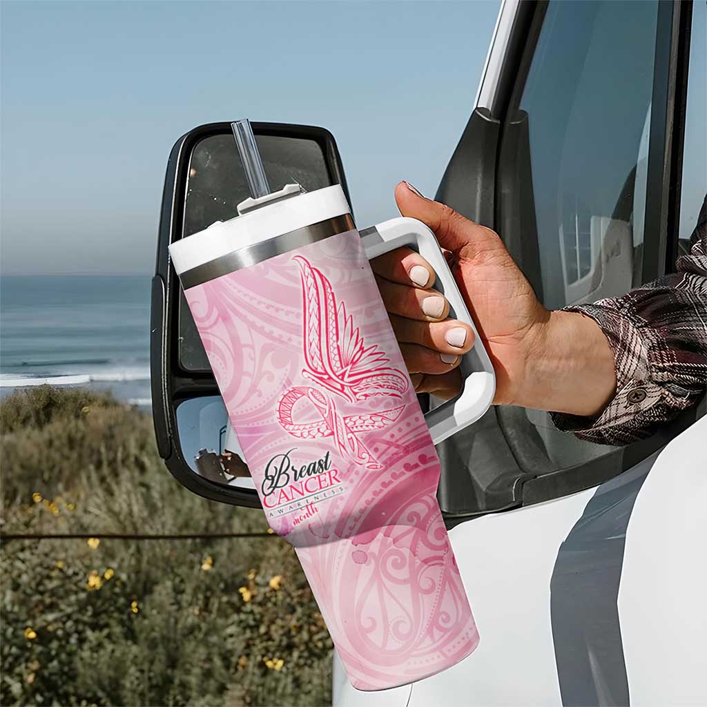 Breast Cancer Awareness Month Tumbler With Handle Butterfly Polynesia Watercolor Pink