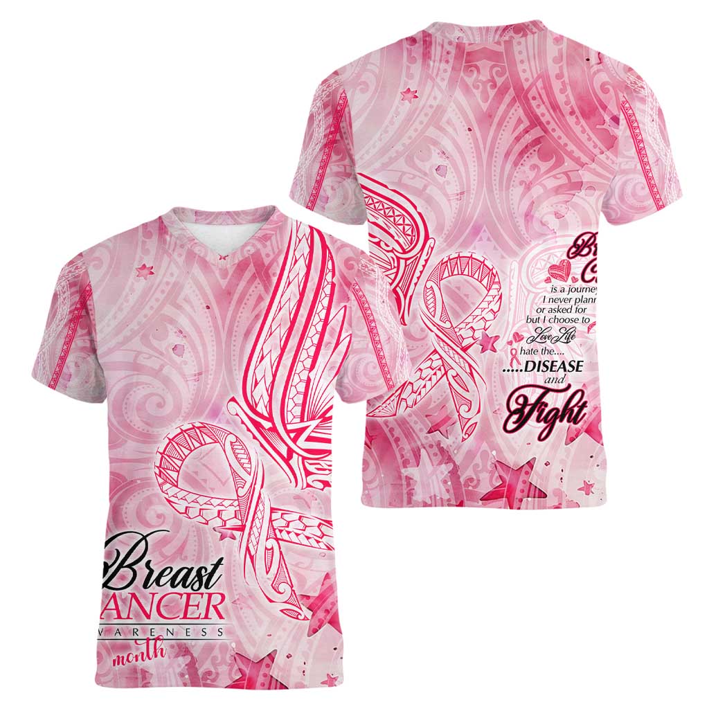 Breast Cancer Awareness Month Women V-Neck T-Shirt Butterfly Polynesia Watercolor Pink