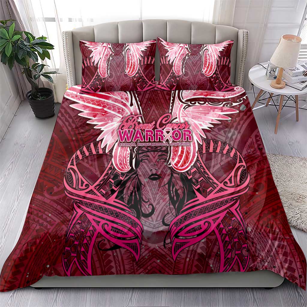 Breast Cancer Warrior Bedding Set Angel Wings Polynesian Pattern