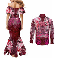 Breast Cancer Warrior Couples Matching Mermaid Dress and Long Sleeve Button Shirt Angel Wings Polynesian Pattern