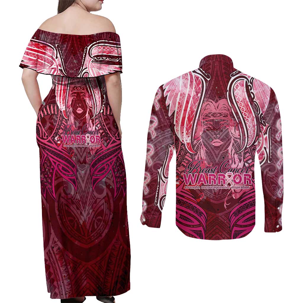 Breast Cancer Warrior Couples Matching Off Shoulder Maxi Dress and Long Sleeve Button Shirt Angel Wings Polynesian Pattern