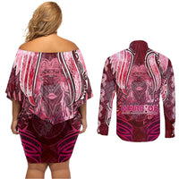 Breast Cancer Warrior Couples Matching Off Shoulder Short Dress and Long Sleeve Button Shirt Angel Wings Polynesian Pattern