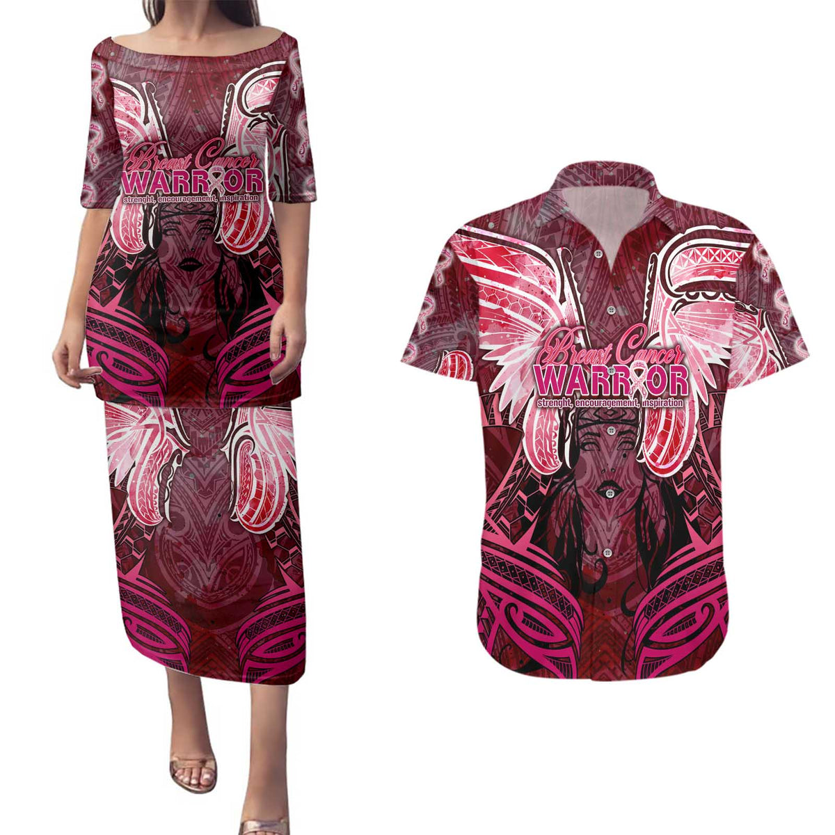 Breast Cancer Warrior Couples Matching Puletasi and Hawaiian Shirt Angel Wings Polynesian Pattern DT02 Pink - Polynesian Pride