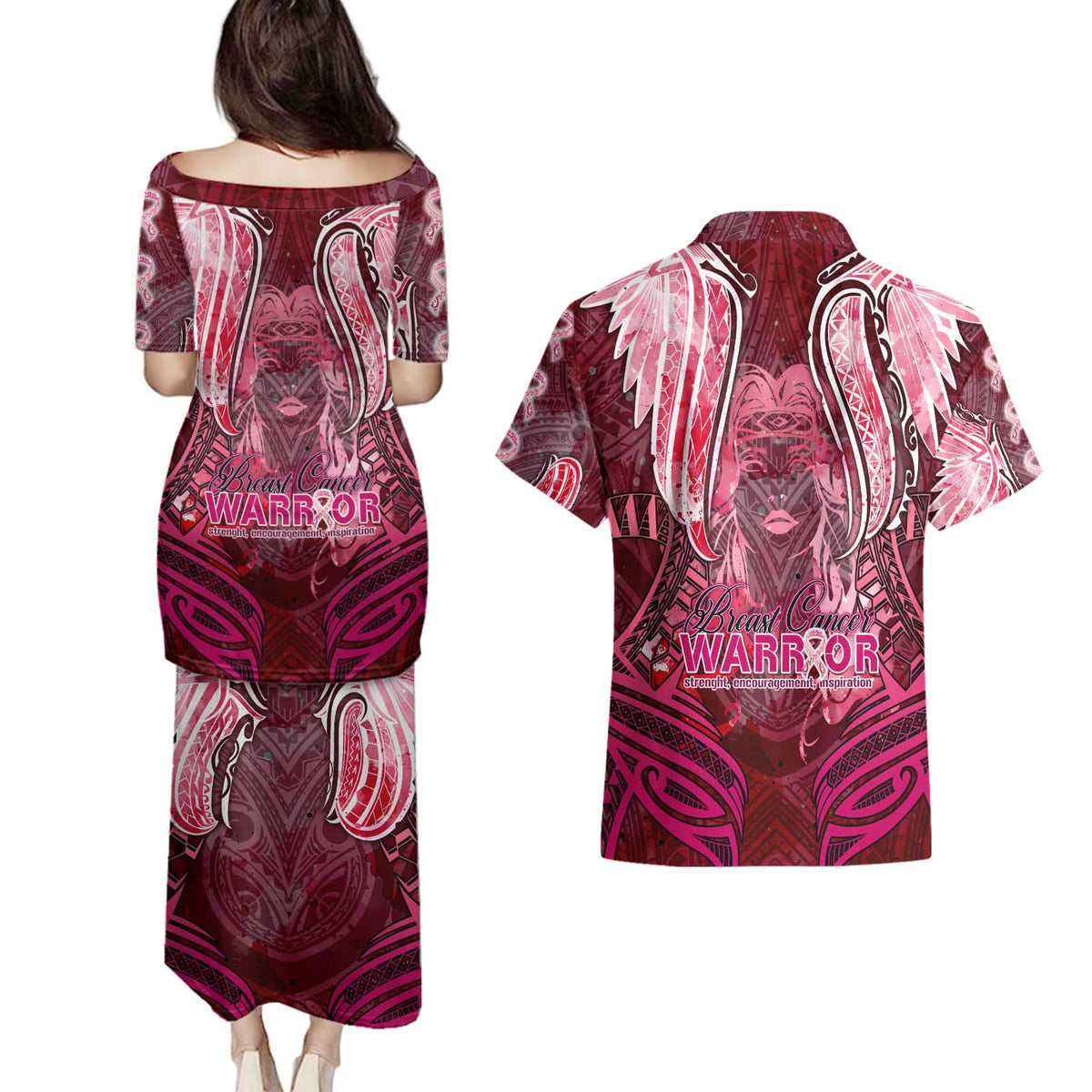 Breast Cancer Warrior Couples Matching Puletasi and Hawaiian Shirt Angel Wings Polynesian Pattern DT02 - Polynesian Pride