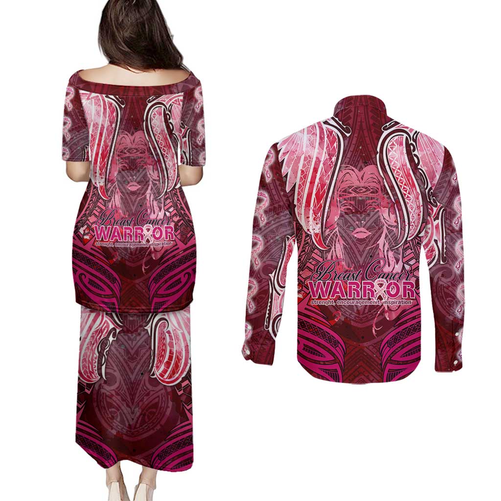 Breast Cancer Warrior Couples Matching Puletasi and Long Sleeve Button Shirt Angel Wings Polynesian Pattern