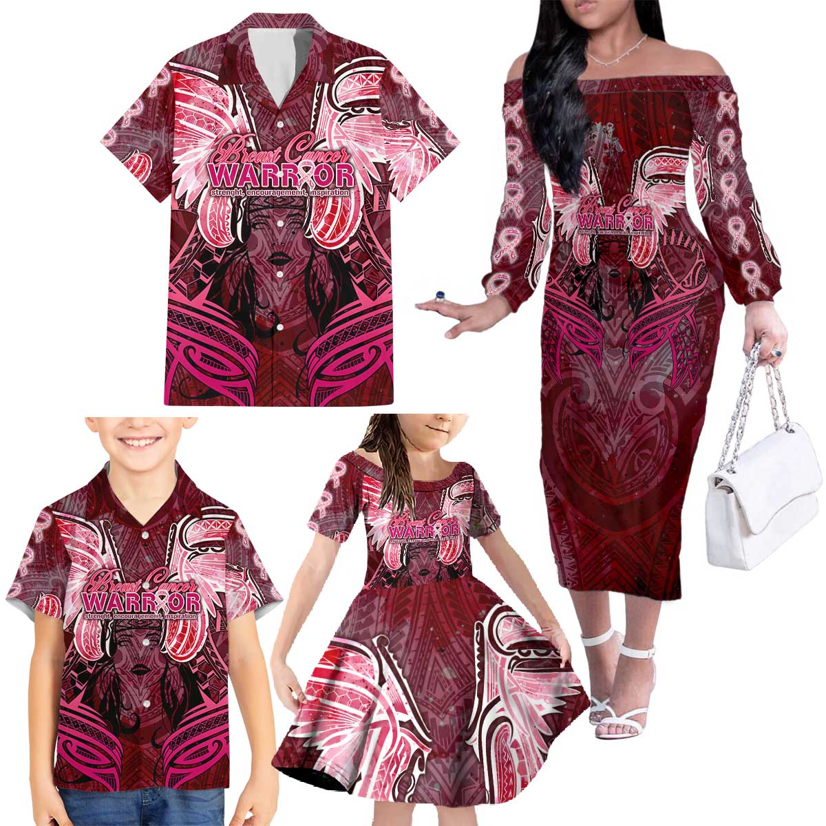 Breast Cancer Warrior Family Matching Off The Shoulder Long Sleeve Dress and Hawaiian Shirt Angel Wings Polynesian Pattern DT02 - Polynesian Pride