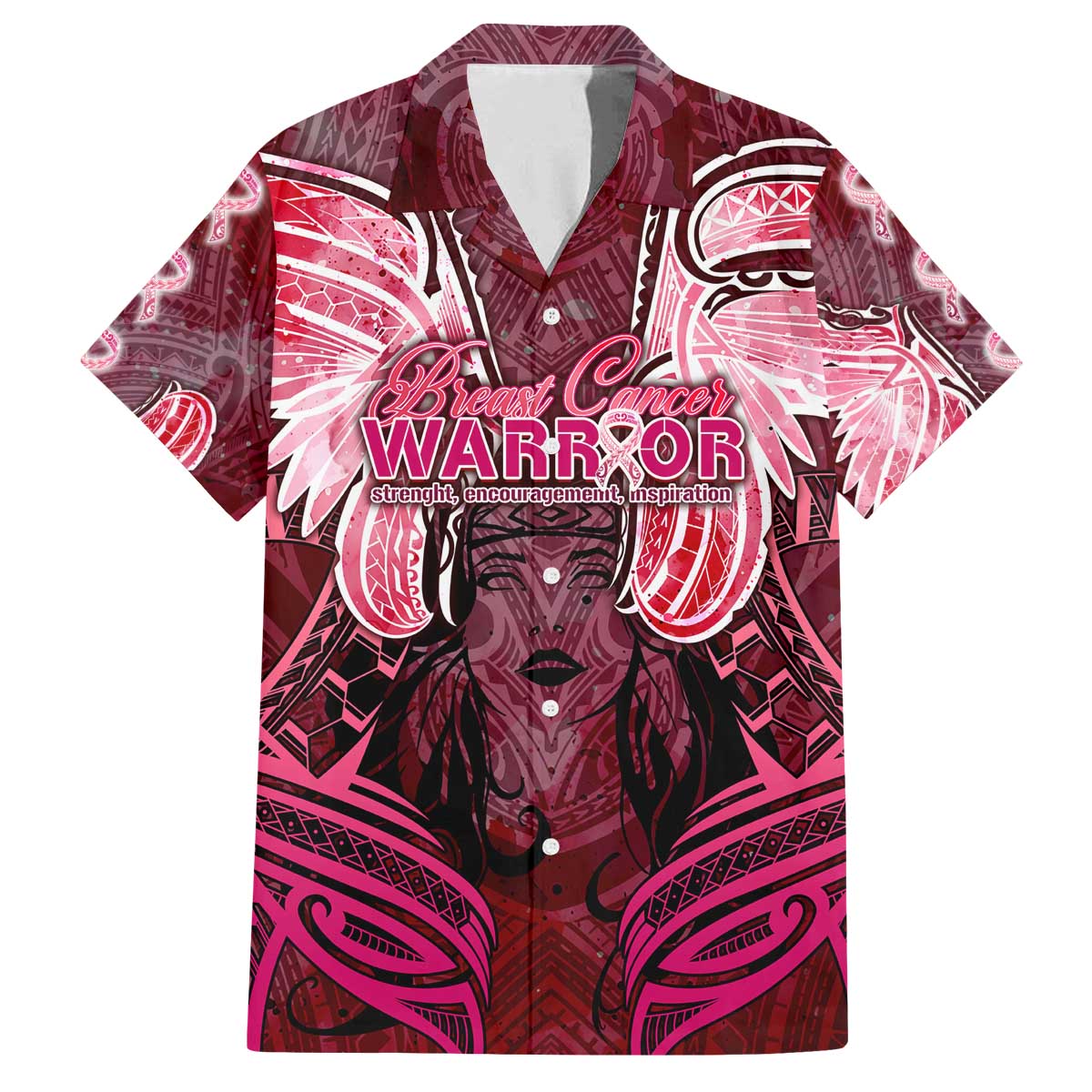Breast Cancer Warrior Family Matching Off The Shoulder Long Sleeve Dress and Hawaiian Shirt Angel Wings Polynesian Pattern DT02 Dad's Shirt - Short Sleeve Pink - Polynesian Pride
