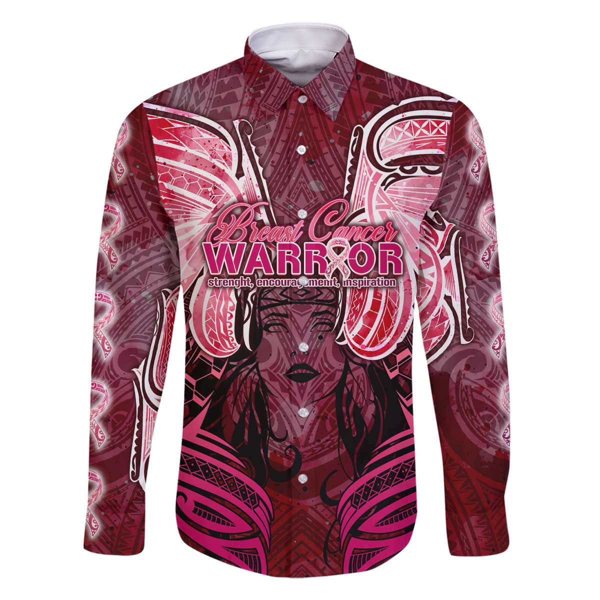 Breast Cancer Warrior Family Matching Off The Shoulder Long Sleeve Dress and Hawaiian Shirt Angel Wings Polynesian Pattern DT02 Dad's Shirt - Long Sleeve Pink - Polynesian Pride