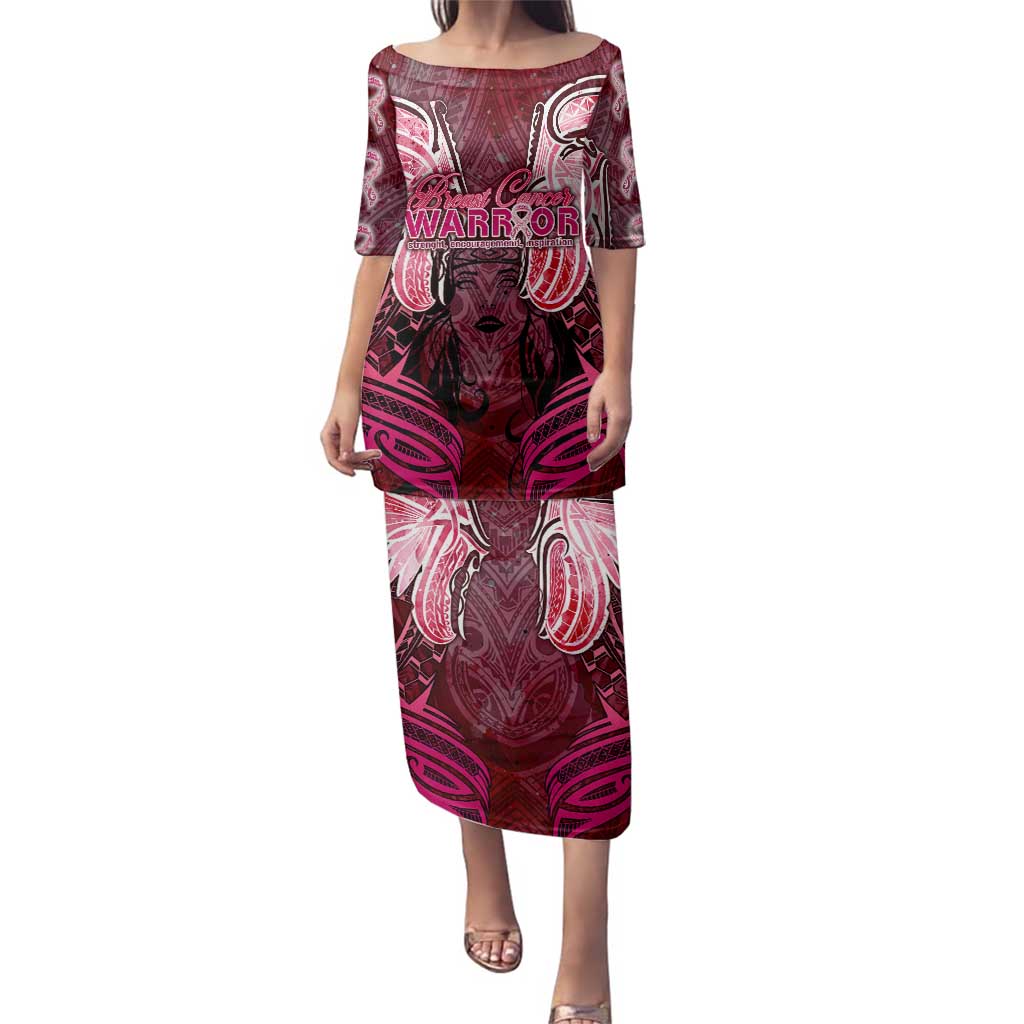 Breast Cancer Warrior Family Matching Puletasi and Hawaiian Shirt Angel Wings Polynesian Pattern