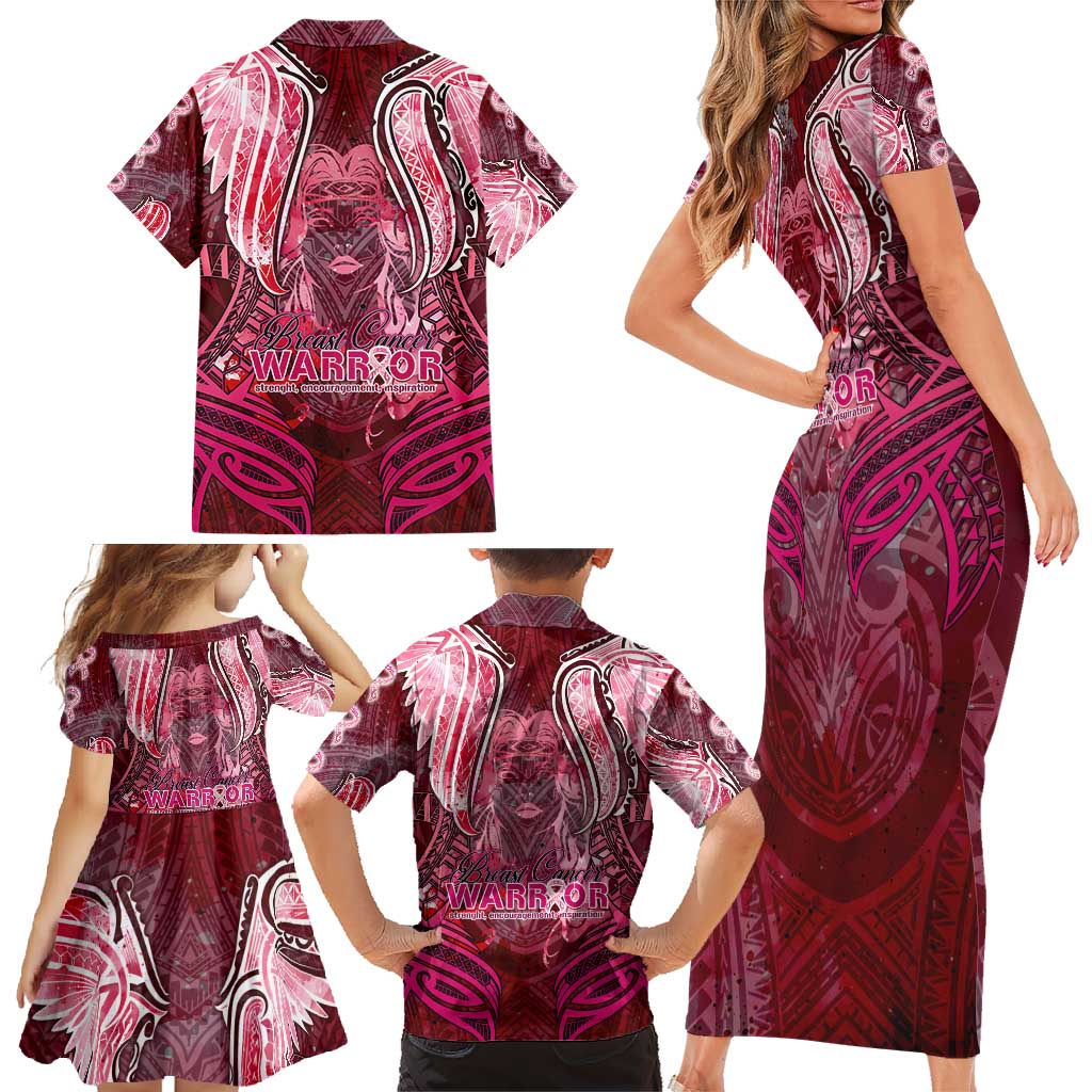 Breast Cancer Warrior Family Matching Short Sleeve Bodycon Dress and Hawaiian Shirt Angel Wings Polynesian Pattern DT02 - Polynesian Pride