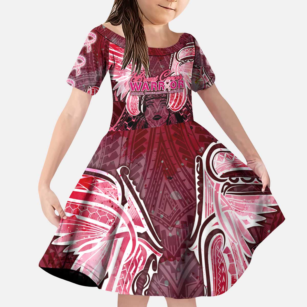 Breast Cancer Warrior Kid Short Sleeve Dress Angel Wings Polynesian Pattern