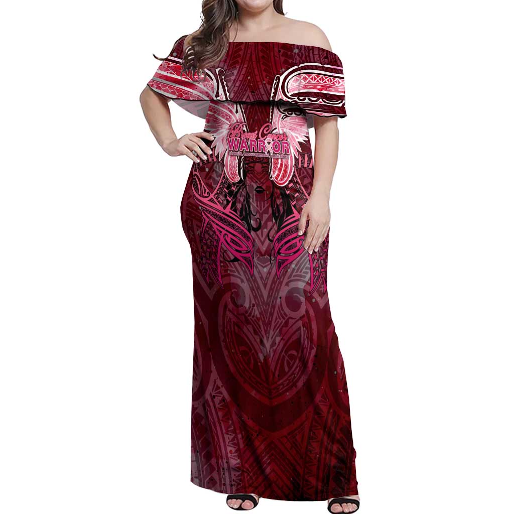 Breast Cancer Warrior Off Shoulder Maxi Dress Angel Wings Polynesian Pattern