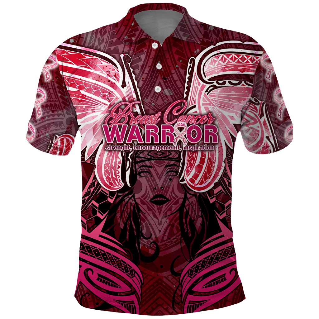Breast Cancer Warrior Polo Shirt Angel Wings Polynesian Pattern
