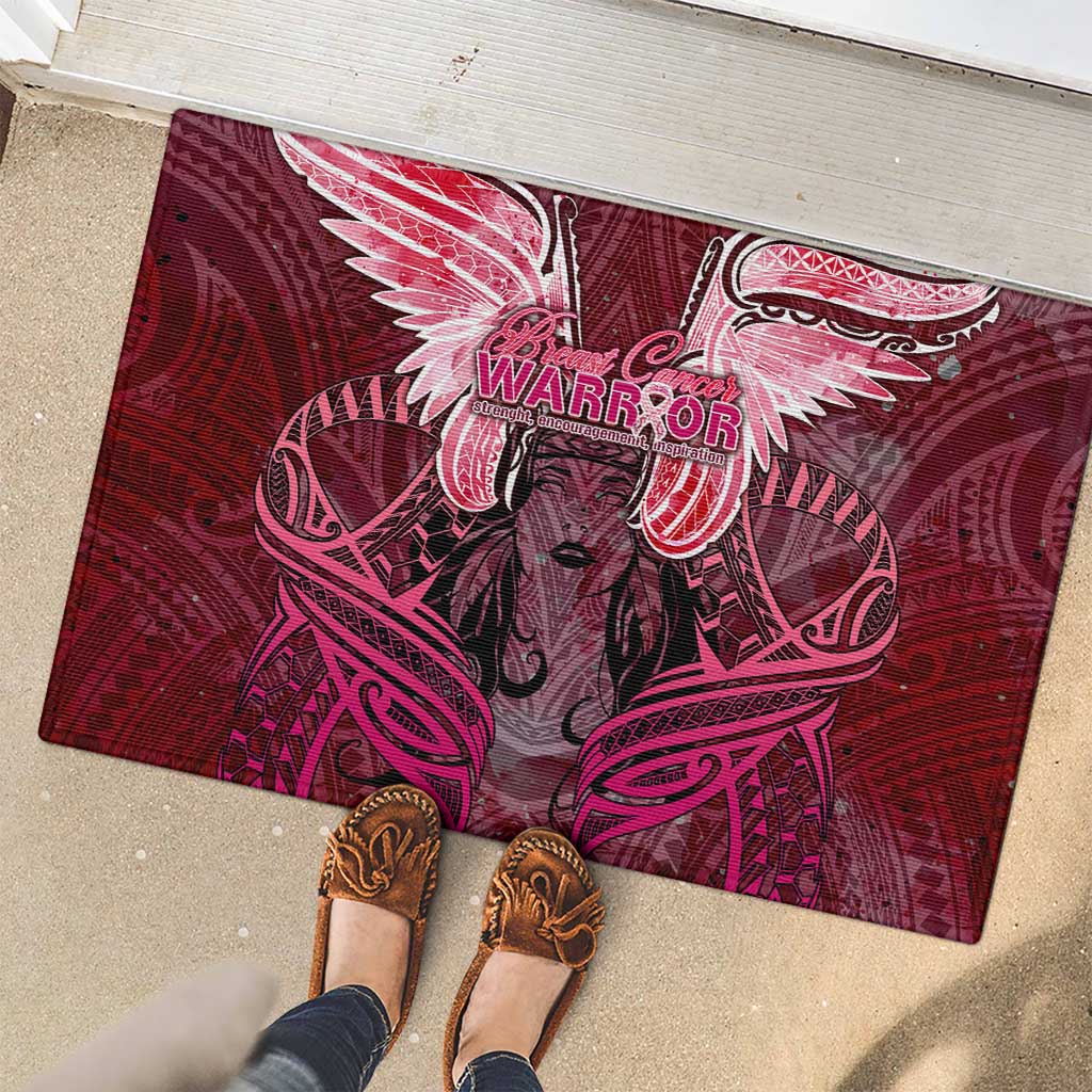 Breast Cancer Warrior Rubber Doormat Angel Wings Polynesian Pattern