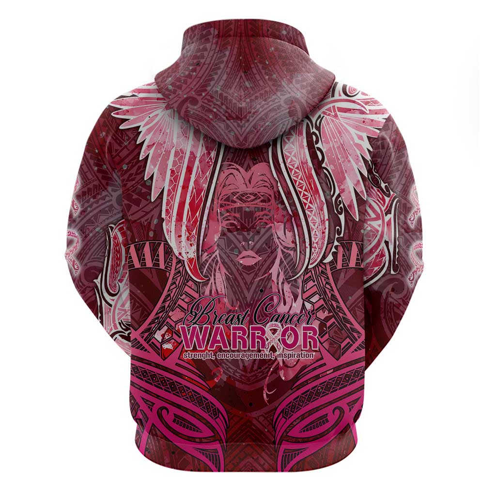 Breast Cancer Warrior Zip Hoodie Angel Wings Polynesian Pattern