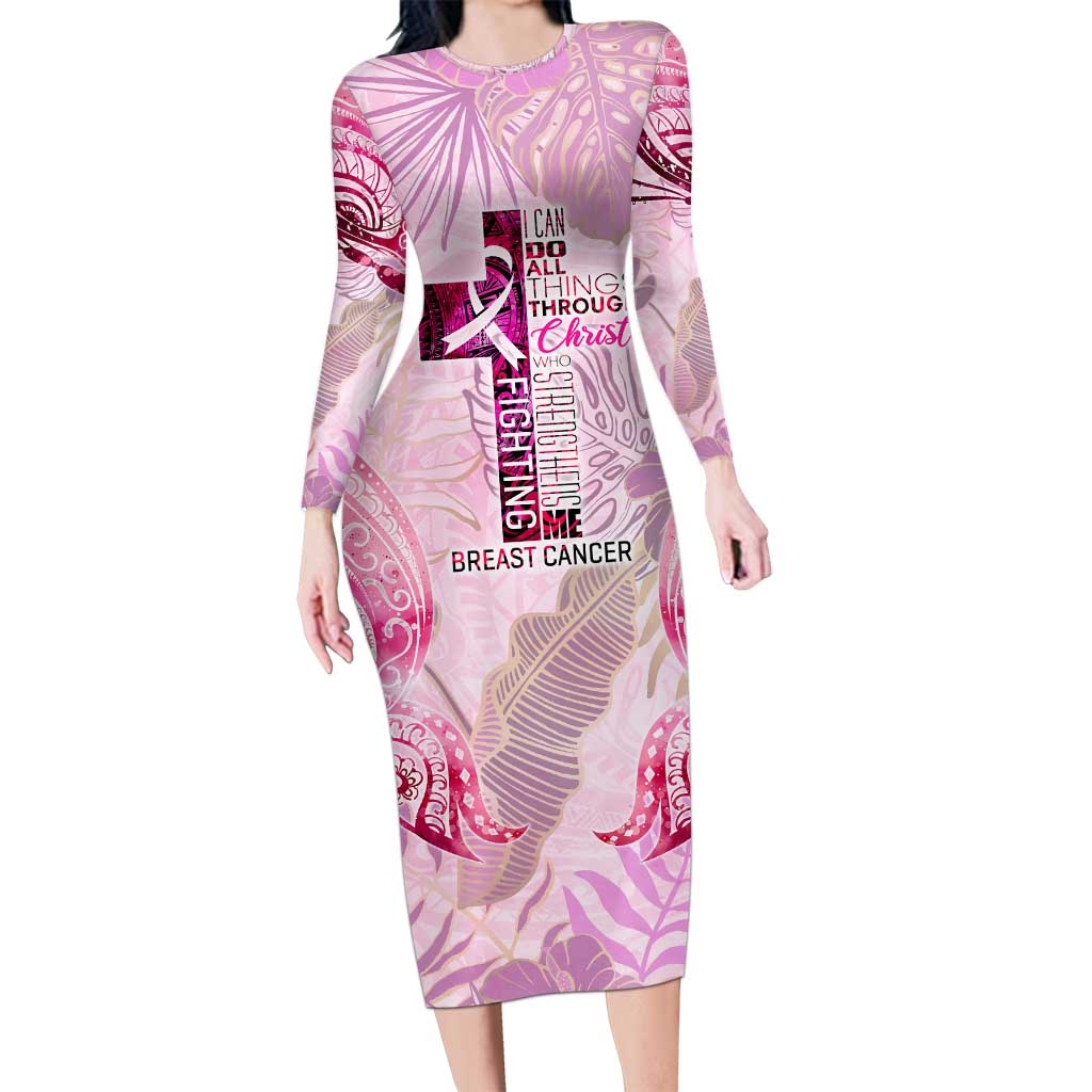 Breast Cancer Polynesian Family Matching Long Sleeve Bodycon Dress and Hawaiian Shirt I Can Do All Things Through Christ DT02 Mom's Dress Pink - Polynesian Pride