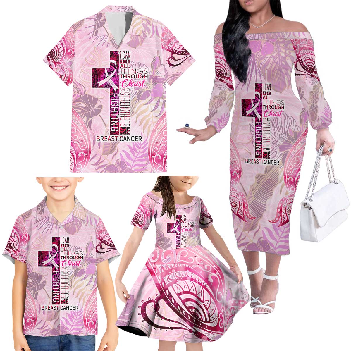Breast Cancer Polynesian Family Matching Off The Shoulder Long Sleeve Dress and Hawaiian Shirt I Can Do All Things Through Christ DT02 - Polynesian Pride