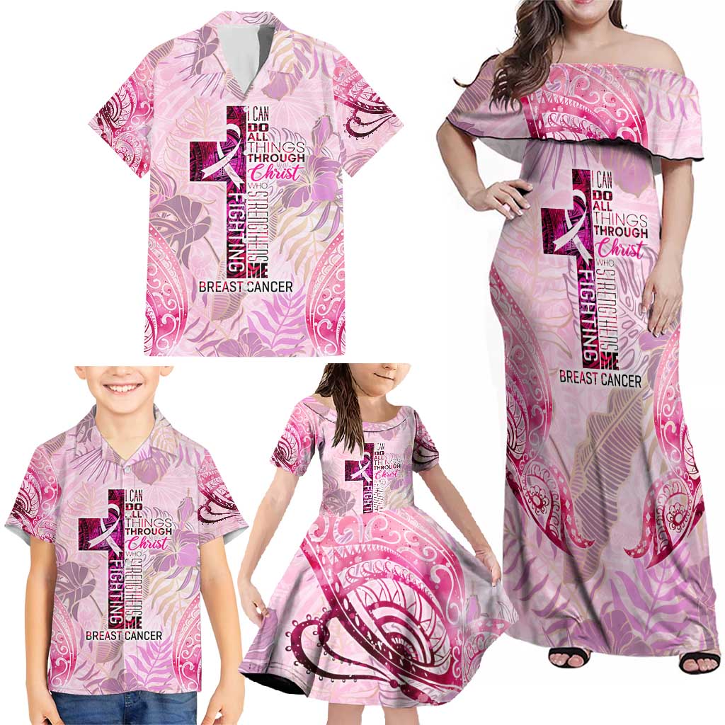 Breast Cancer Polynesian Family Matching Off Shoulder Maxi Dress and Hawaiian Shirt I Can Do All Things Through Christ DT02 - Polynesian Pride