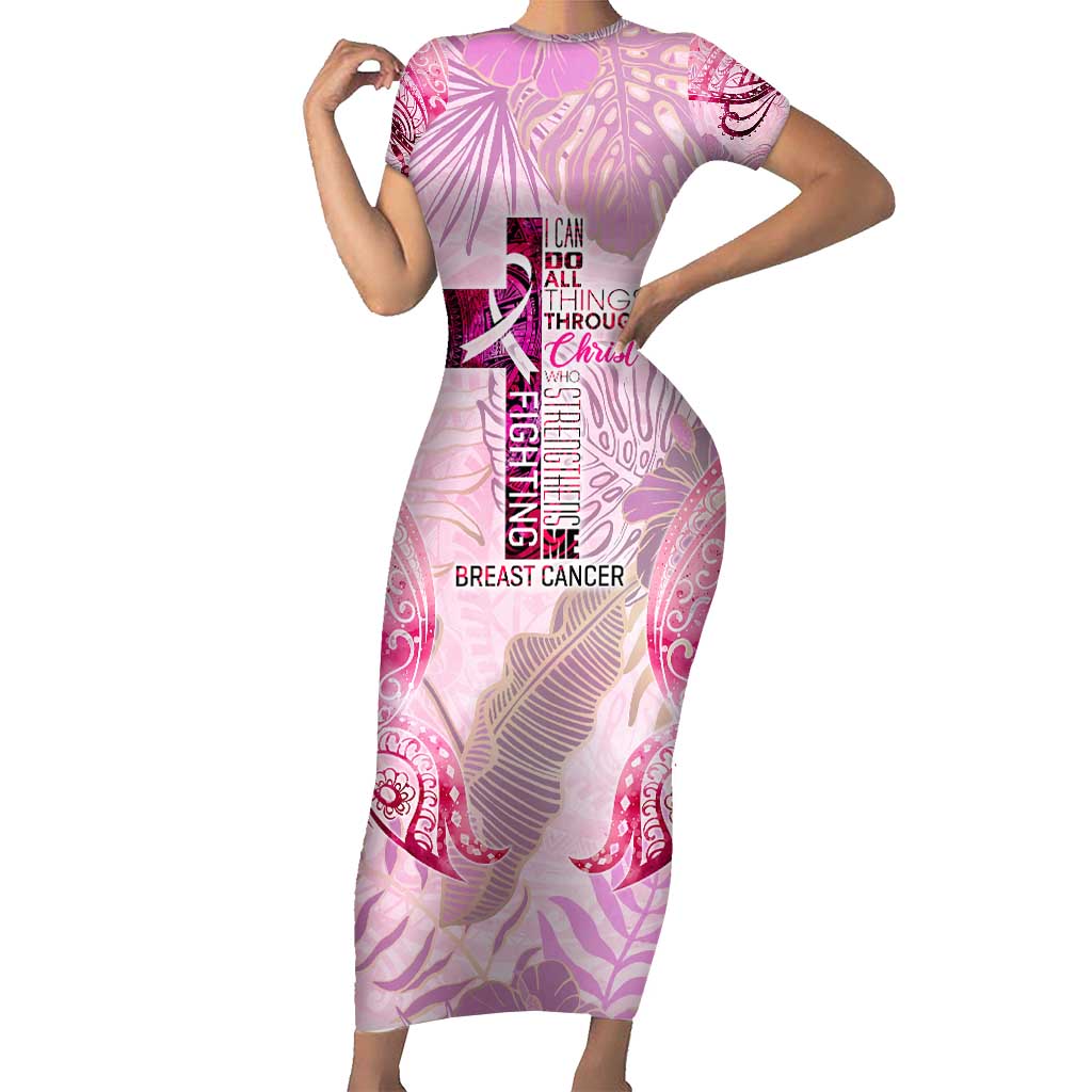 Breast Cancer Polynesian Family Matching Short Sleeve Bodycon Dress and Hawaiian Shirt I Can Do All Things Through Christ DT02 Mom's Dress Pink - Polynesian Pride