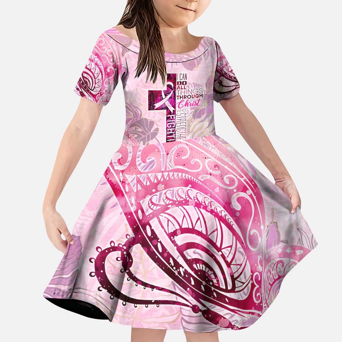 Breast Cancer Polynesian Kid Short Sleeve Dress I Can Do All Things Through Christ