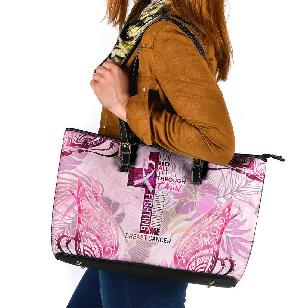 Breast Cancer Polynesian Leather Tote Bag I Can Do All Things Through Christ