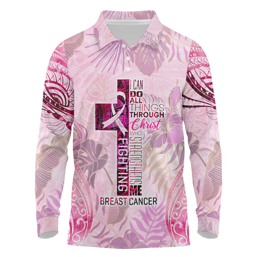 Breast Cancer Polynesian Long Sleeve Polo Shirt I Can Do All Things Through Christ DT02 Pink - Polynesian Pride