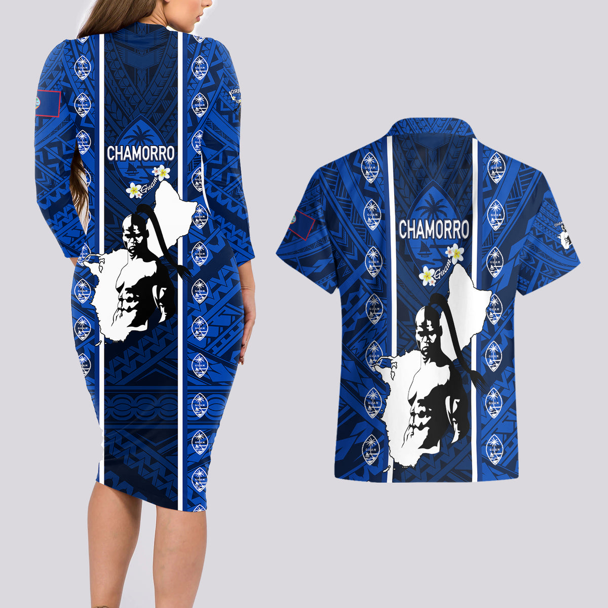 guam-chamorro-warrior-couples-matching-long-sleeve-bodycon-dress-and-hawaiian-shirt-traditional-tribal-patterns
