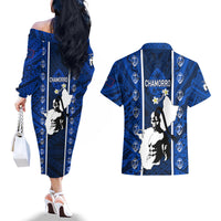 guam-chamorro-warrior-couples-matching-off-the-shoulder-long-sleeve-dress-and-hawaiian-shirt-traditional-tribal-patterns