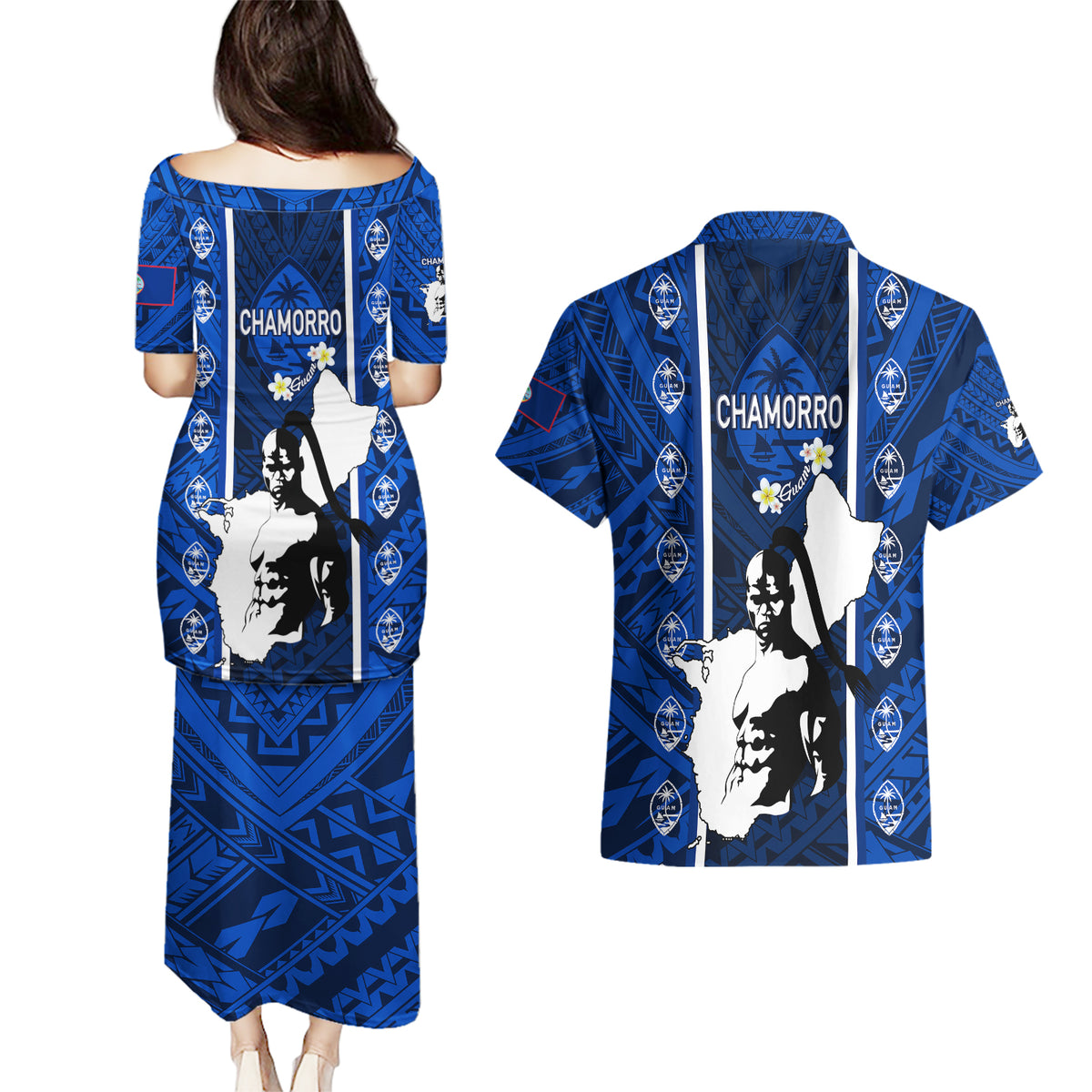 guam-chamorro-warrior-couples-matching-puletasi-dress-and-hawaiian-shirt-traditional-tribal-patterns