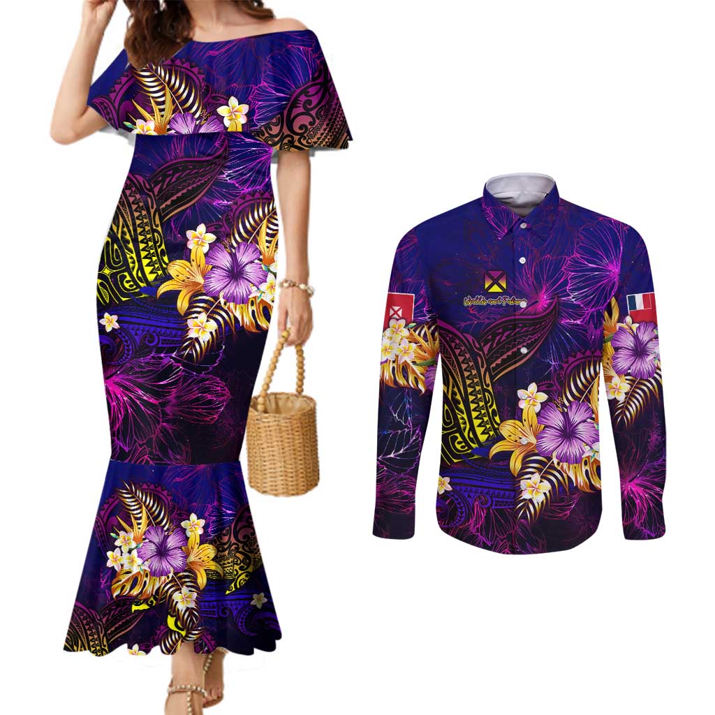 Wallis and Futuna Couples Matching Mermaid Dress and Long Sleeve Button Shirt Whale Hibiscus Polynesian