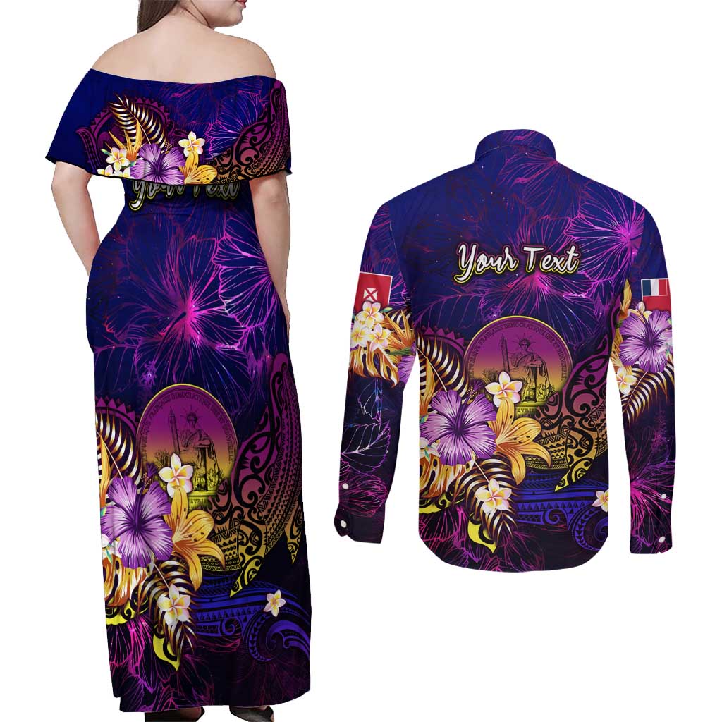 Wallis and Futuna Couples Matching Off Shoulder Maxi Dress and Long Sleeve Button Shirt Whale Hibiscus Polynesian