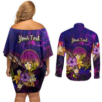 Wallis and Futuna Couples Matching Off Shoulder Short Dress and Long Sleeve Button Shirt Whale Hibiscus Polynesian
