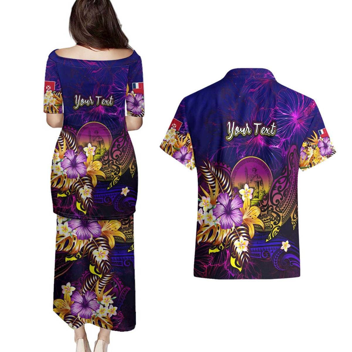 Wallis and Futuna Couples Matching Puletasi and Hawaiian Shirt Whale Hibiscus Polynesian