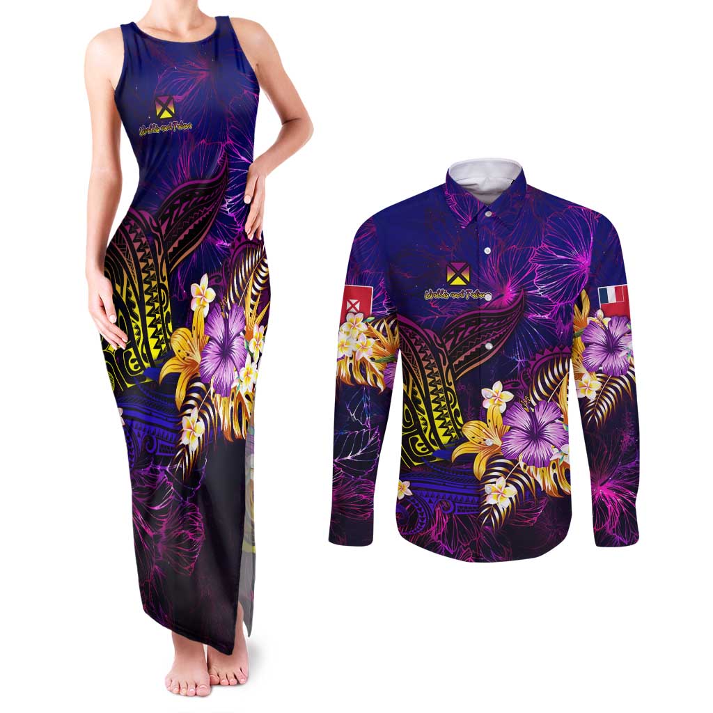 Wallis and Futuna Couples Matching Tank Maxi Dress and Long Sleeve Button Shirt Whale Hibiscus Polynesian