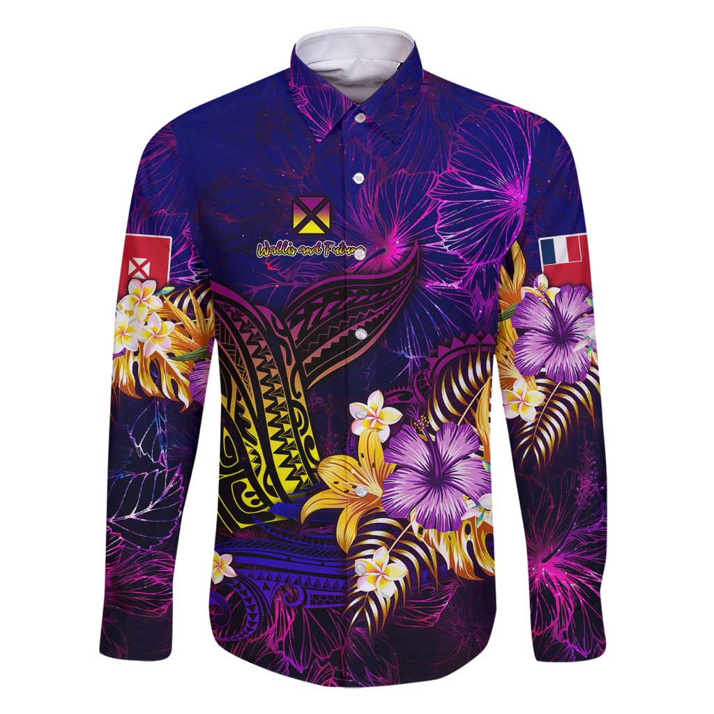 Wallis and Futuna Family Matching Mermaid Dress and Hawaiian Shirt Whale Hibiscus Polynesian DT02 Dad's Shirt - Long Sleeve Purple - Polynesian Pride