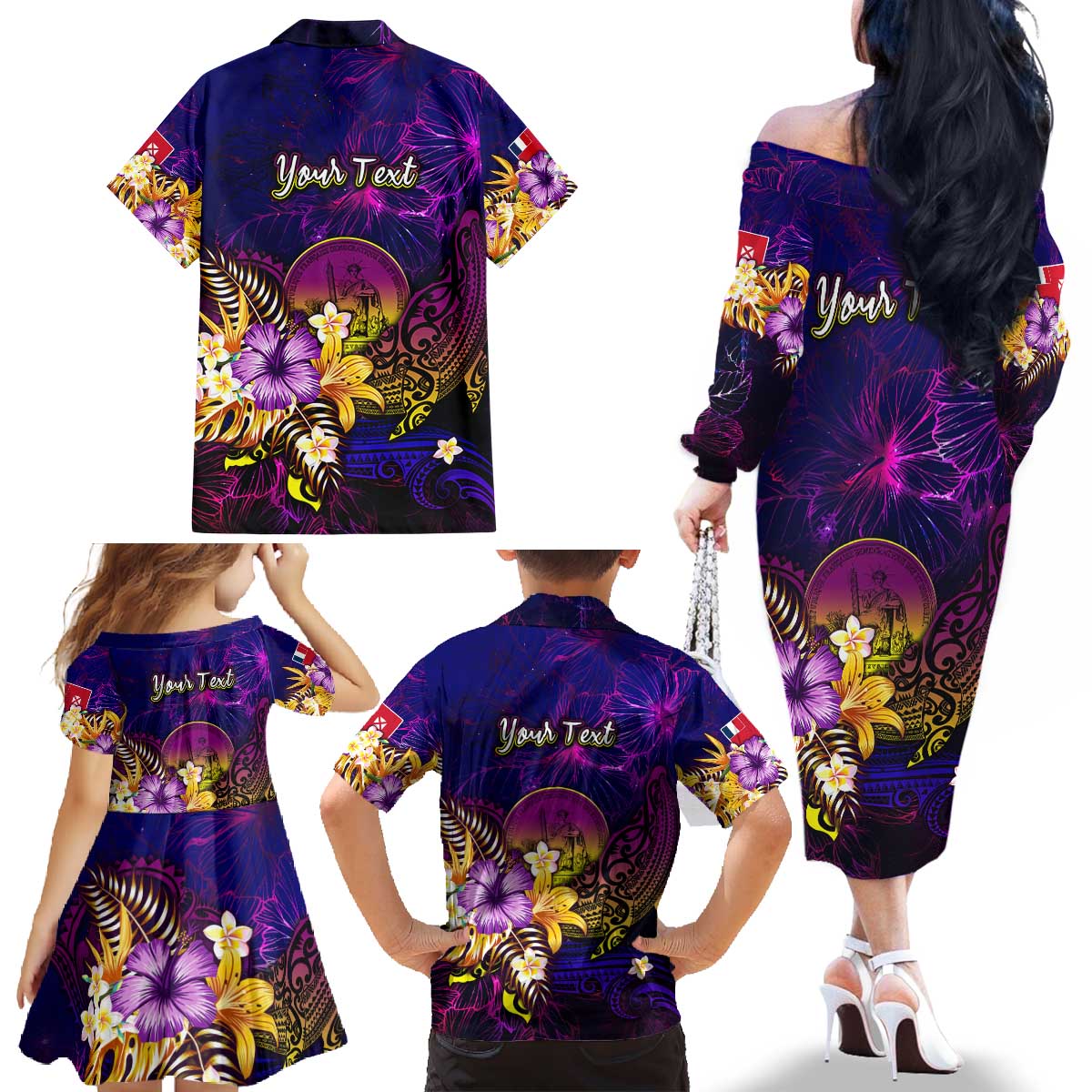Wallis and Futuna Family Matching Off The Shoulder Long Sleeve Dress and Hawaiian Shirt Whale Hibiscus Polynesian DT02 - Polynesian Pride