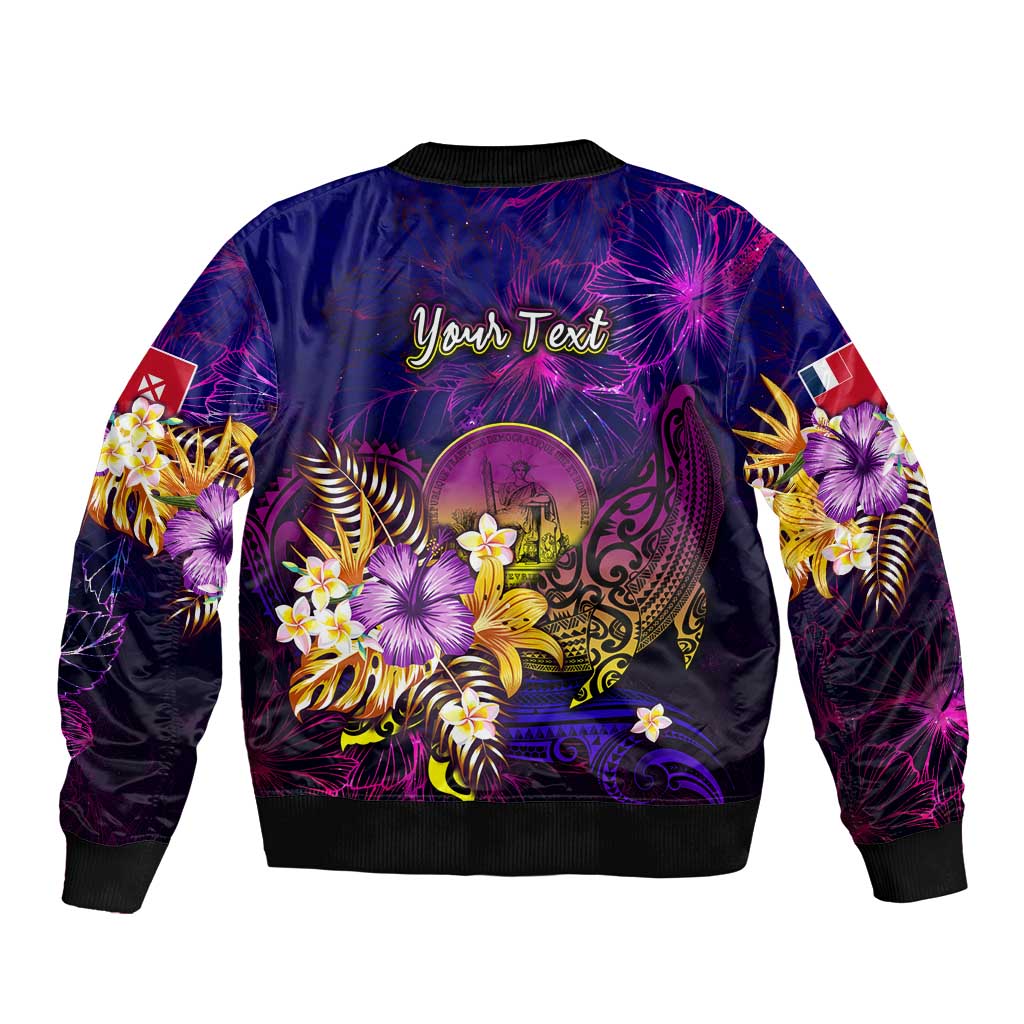 Wallis and Futuna Sleeve Zip Bomber Jacket Whale Hibiscus Polynesian