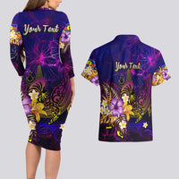 New Caledonia Couples Matching Long Sleeve Bodycon Dress and Hawaiian Shirt Whale Hibiscus Polynesian