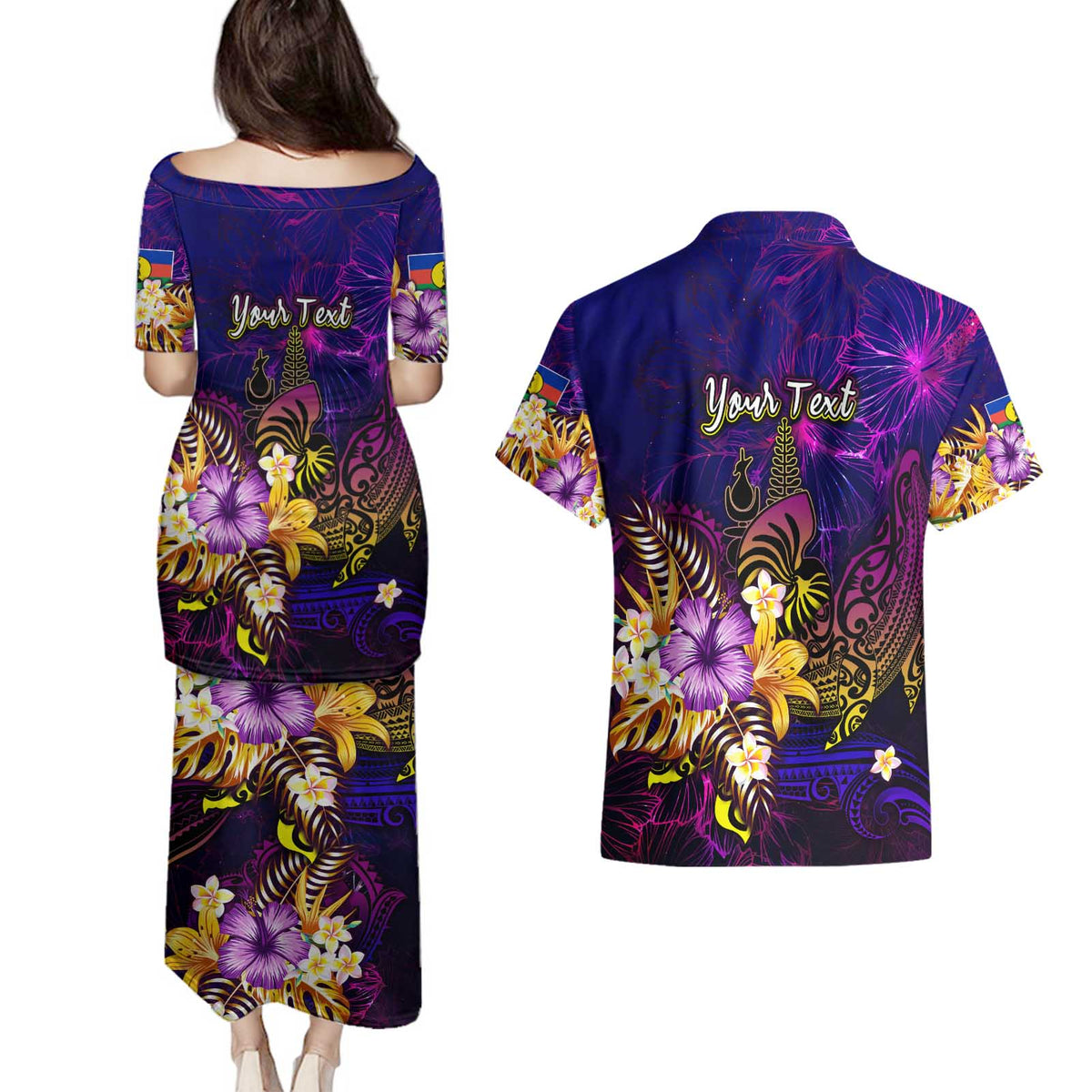 New Caledonia Couples Matching Puletasi and Hawaiian Shirt Whale Hibiscus Polynesian
