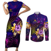 New Caledonia Couples Matching Short Sleeve Bodycon Dress and Long Sleeve Button Shirt Whale Hibiscus Polynesian