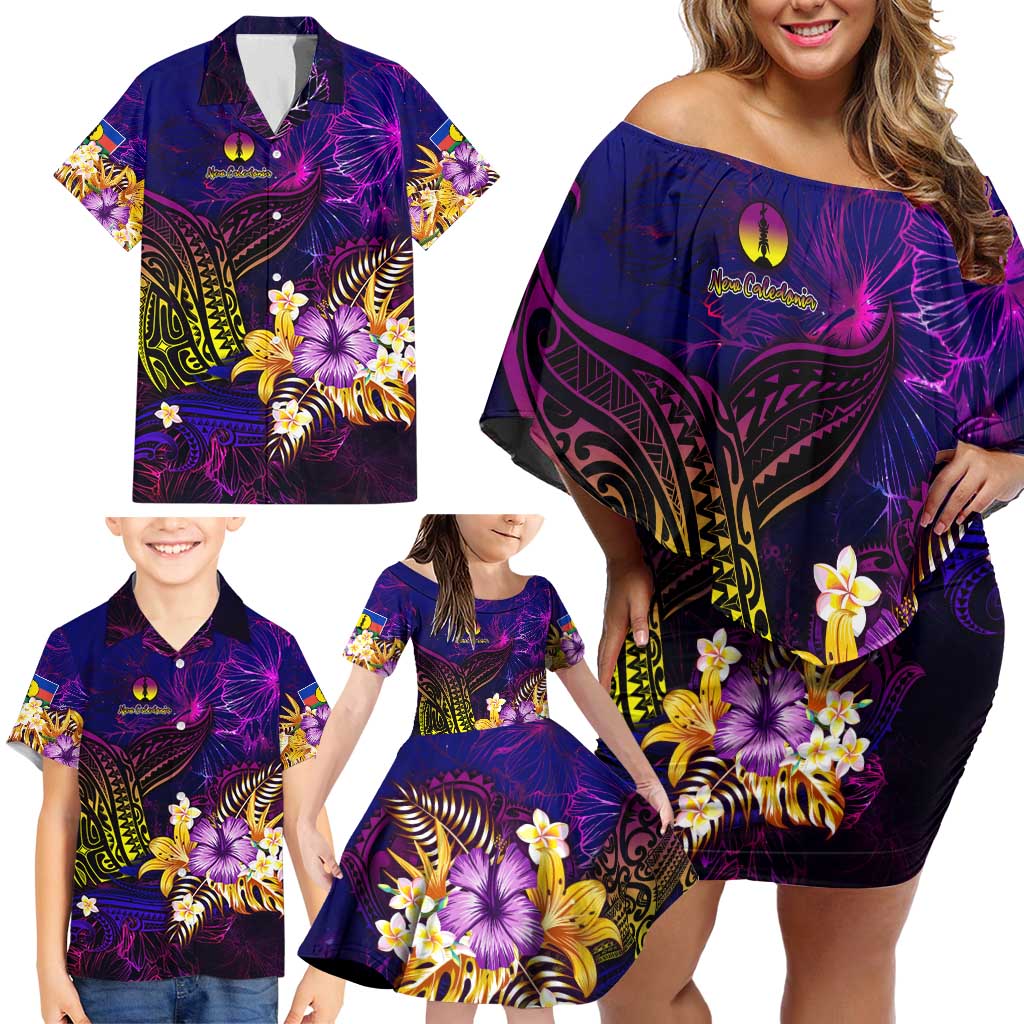 New Caledonia Family Matching Off Shoulder Short Dress and Hawaiian Shirt Whale Hibiscus Polynesian