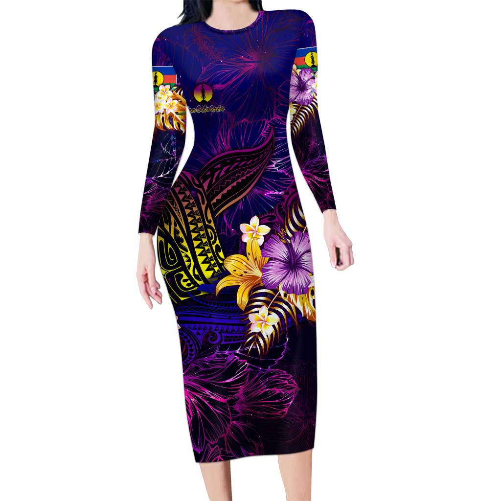 New Caledonia Long Sleeve Bodycon Dress Whale Hibiscus Polynesian