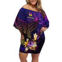New Caledonia Off Shoulder Short Dress Whale Hibiscus Polynesian