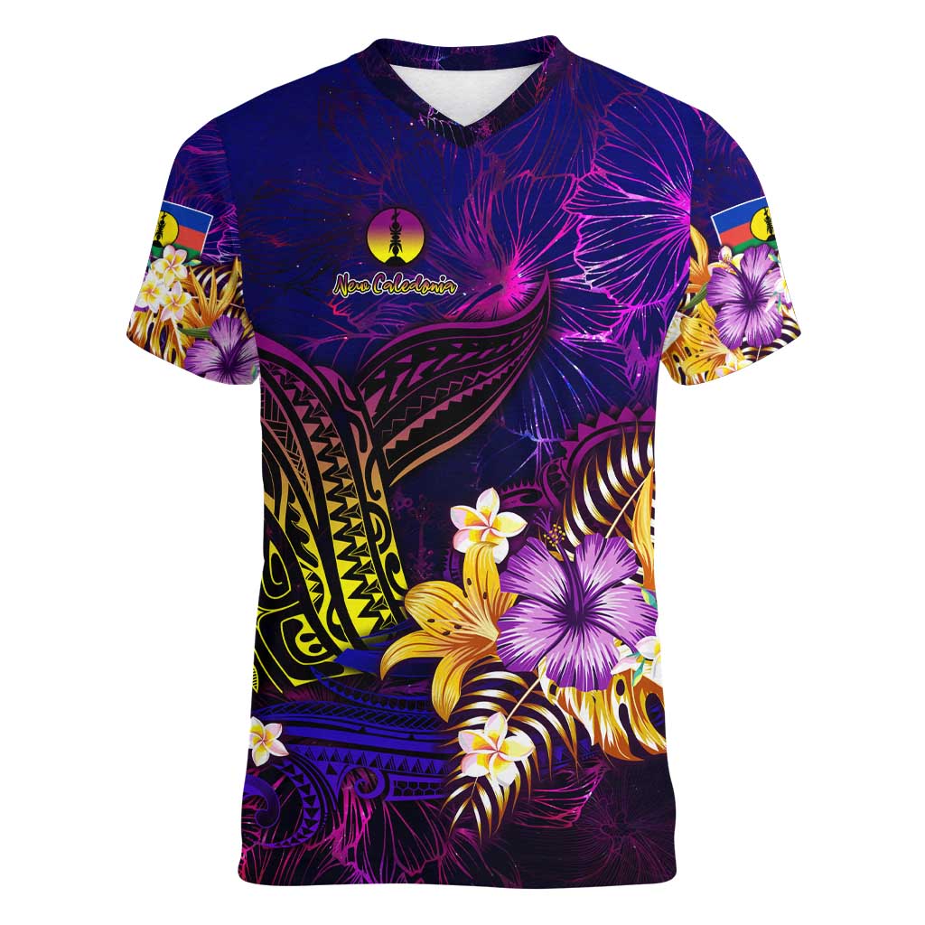 New Caledonia Women V-Neck T-Shirt Whale Hibiscus Polynesian