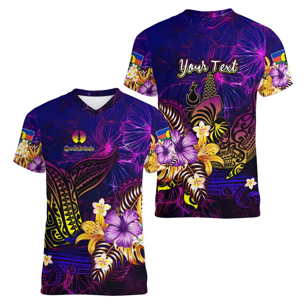 New Caledonia Women V-Neck T-Shirt Whale Hibiscus Polynesian