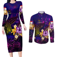 Tahiti French Polynesia Couples Matching Long Sleeve Bodycon Dress and Long Sleeve Button Shirt Whale Hibiscus Polynesian